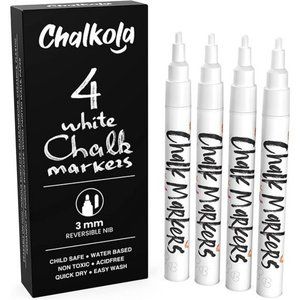 White Chalk Markers Fine Tip (4 Pack 3mm) - Wet & Dry Erase Chalk Pens